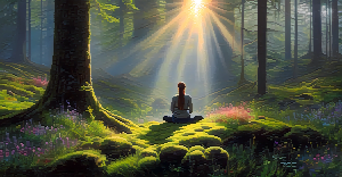 A person meditating in a tranquil forest at sunrise, surrounded by trees and wildflowers.