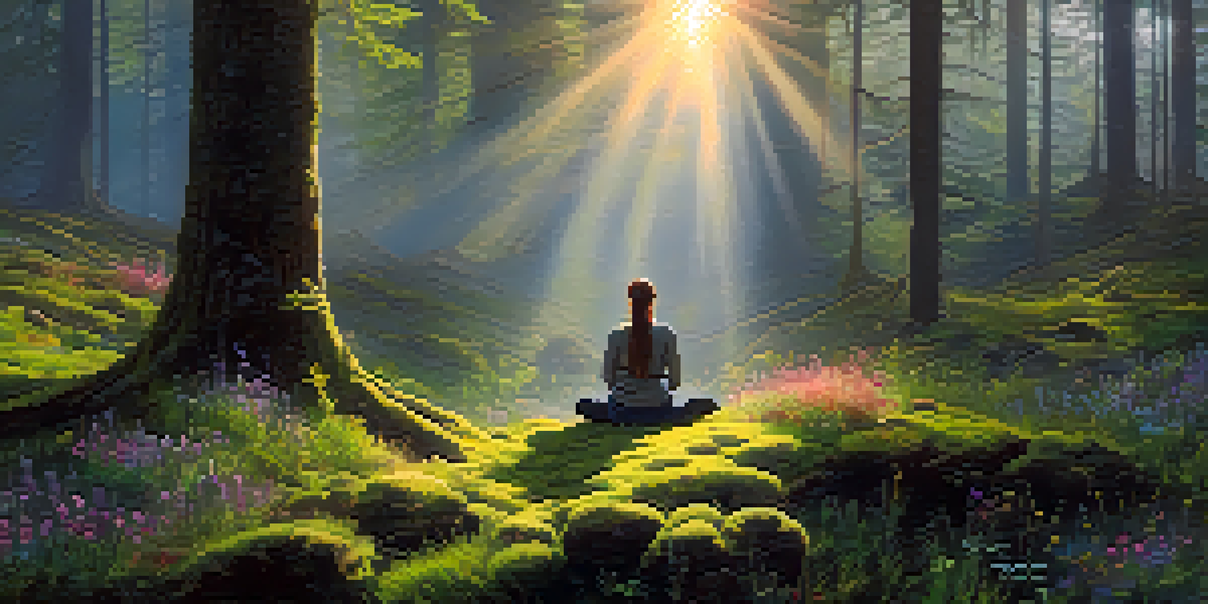 A person meditating in a tranquil forest at sunrise, surrounded by trees and wildflowers.