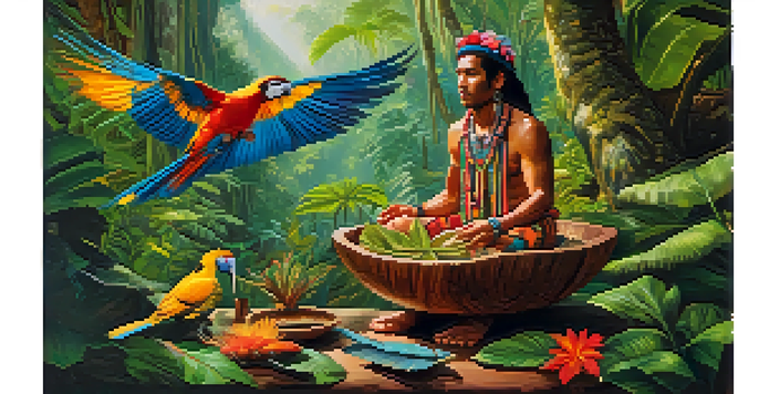 A traditional shaman in colorful attire preparing Ayahuasca in a wooden bowl surrounded by lush Amazon rainforest.