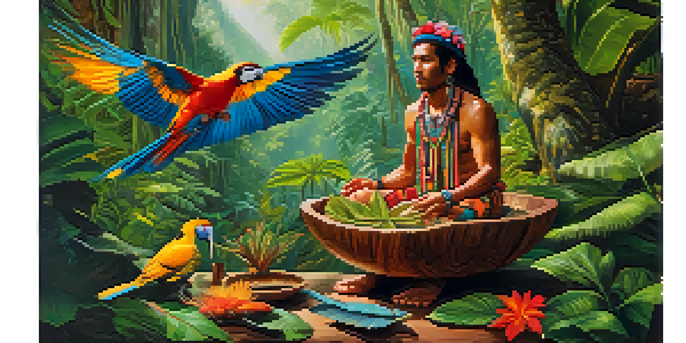 A traditional shaman in colorful attire preparing Ayahuasca in a wooden bowl surrounded by lush Amazon rainforest.