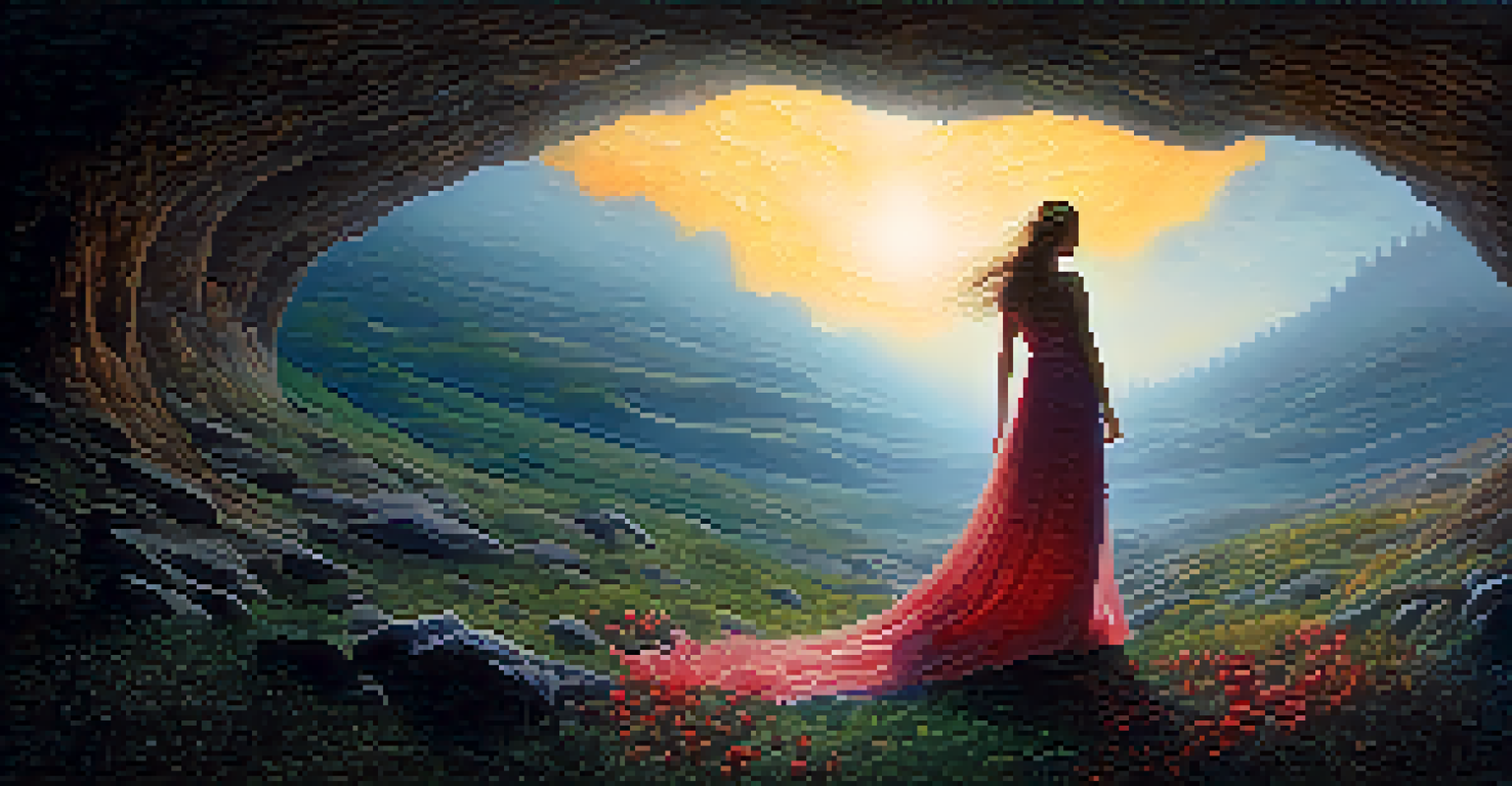 A dramatic scene depicting Persephone's descent into the underworld contrasted with Demeter in a sunlit meadow, highlighting duality.