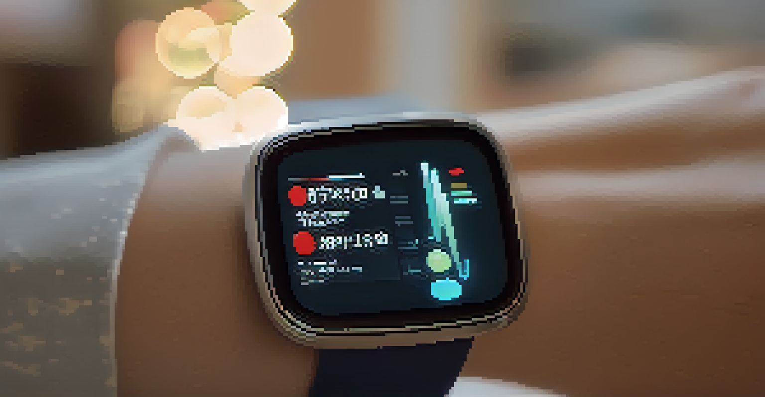 A smartwatch on a person's wrist showing health metrics with a blurred cozy indoor background.