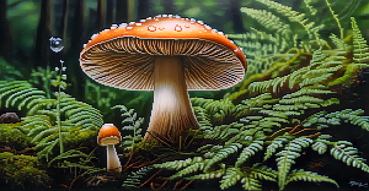 A close-up of a dew-covered mushroom in a green forest, surrounded by ferns and moss.