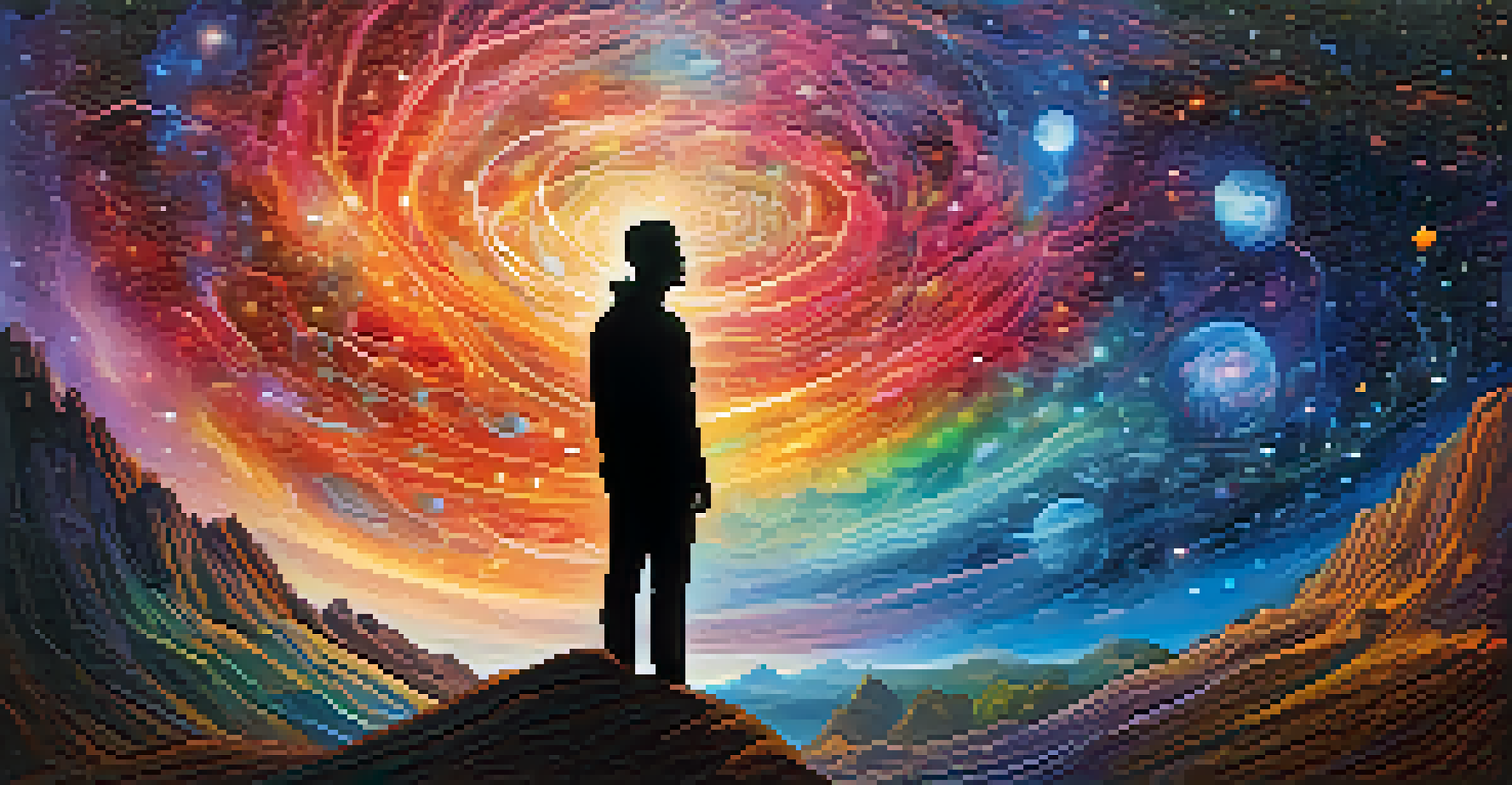An artistic representation of a human silhouette filled with a swirling galaxy, set against dream-like landscapes and abstract colors.