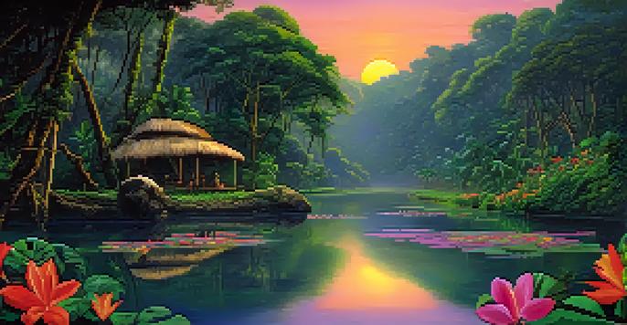 A peaceful scene of the Amazon rainforest at sunset with a river and people in a traditional ceremony surrounded by vibrant flowers.