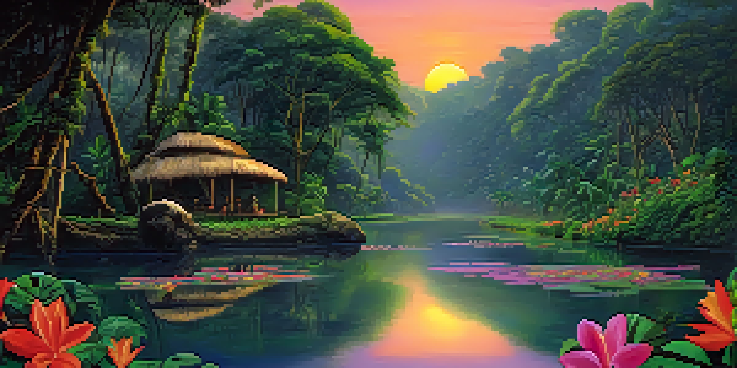 A peaceful scene of the Amazon rainforest at sunset with a river and people in a traditional ceremony surrounded by vibrant flowers.