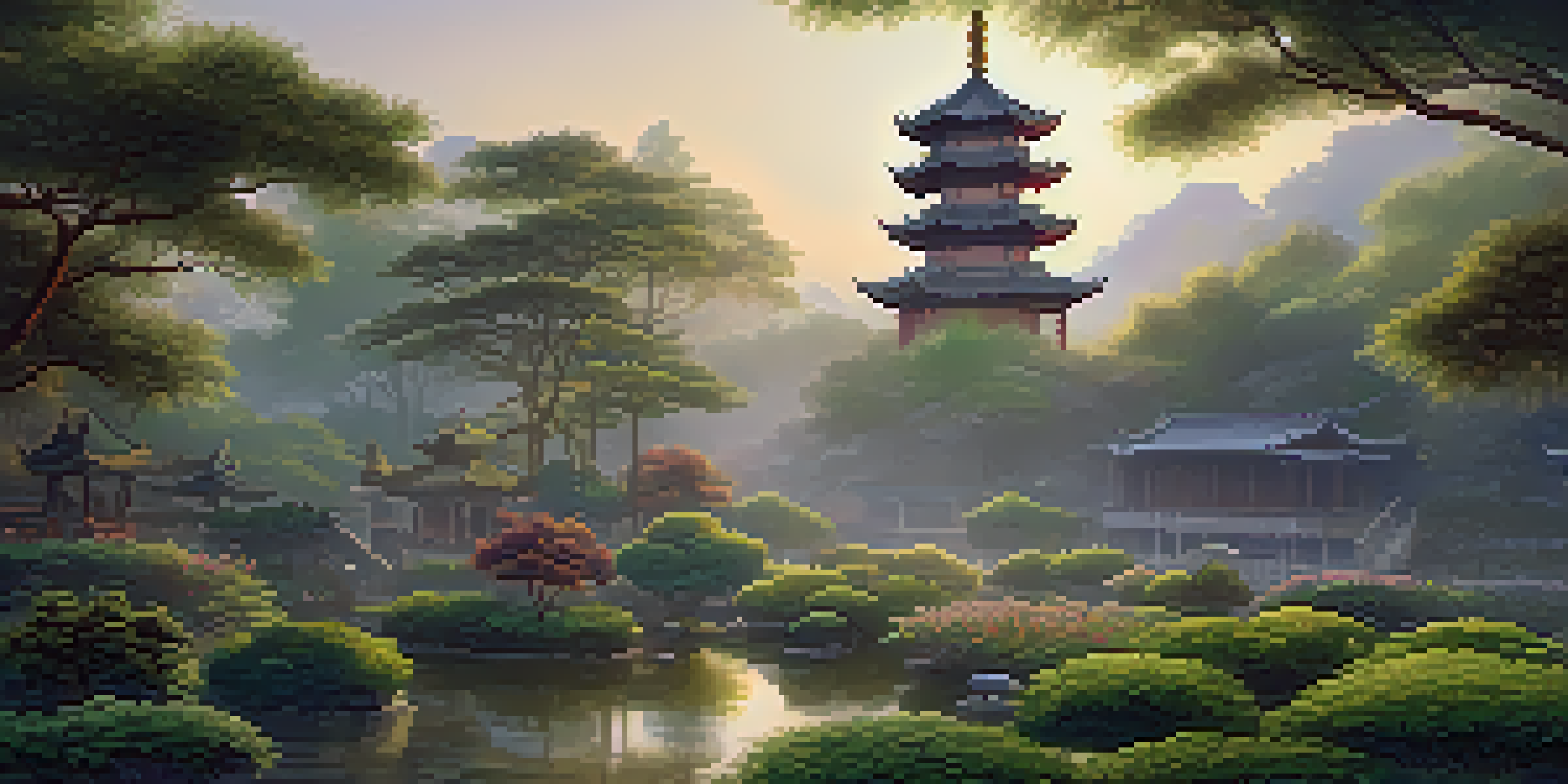 A tranquil ancient Chinese herbal garden at dawn with lush plants and a pagoda in the background.