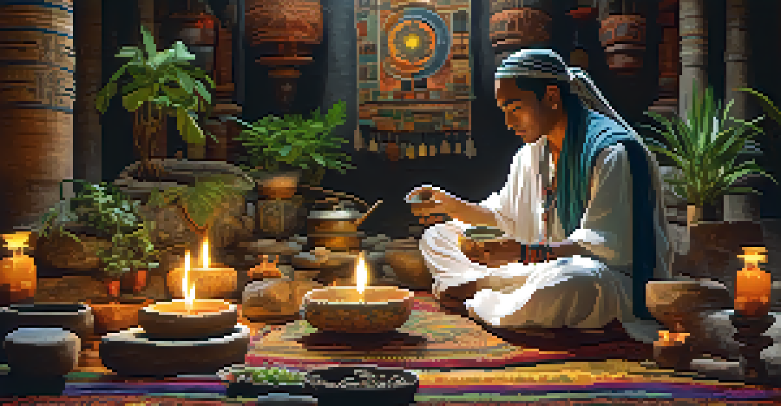 An ancient ceremonial space with a shaman preparing a herbal brew, surrounded by colorful tapestries, stones, and candles.