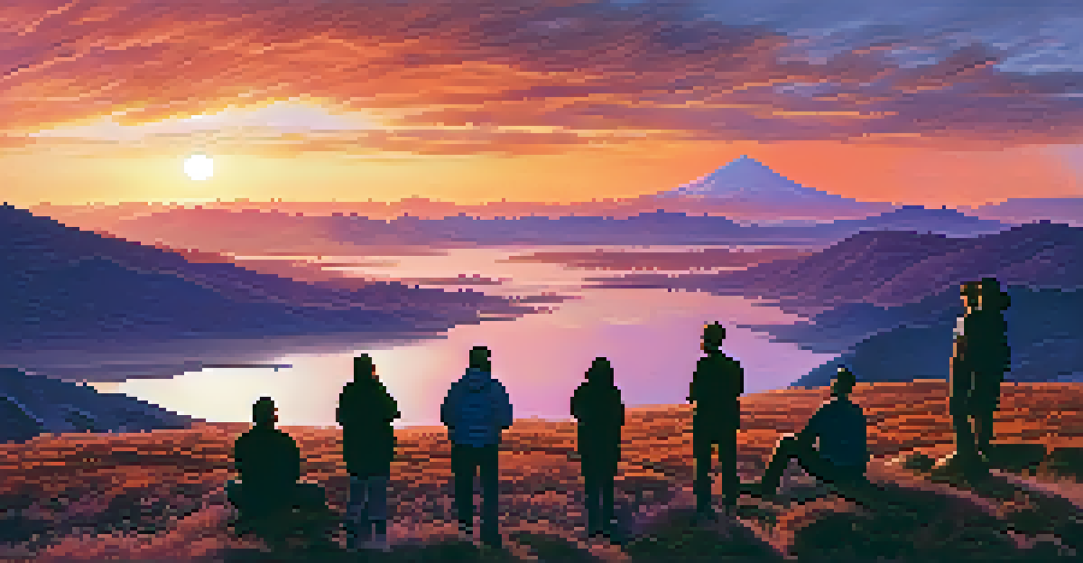 A diverse group of people standing on a mountaintop at sunset, gazing at the colorful horizon together.