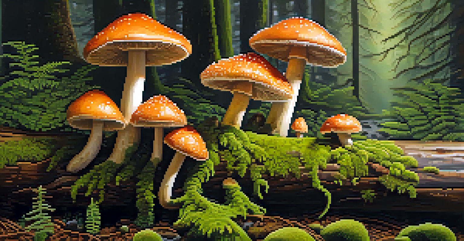 A close-up of colorful mushrooms on a mossy log, with dew drops glistening in sunlight.