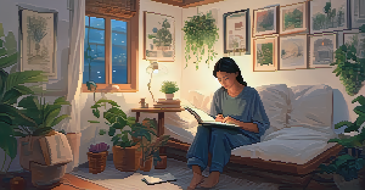 A cozy room filled with plants and artwork, featuring a person journaling with a focused expression, surrounded by candles and soft pillows.