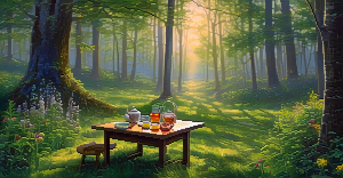 A peaceful forest scene at dawn with a wooden table filled with fruits and herbal tea, surrounded by tall trees and wildflowers.