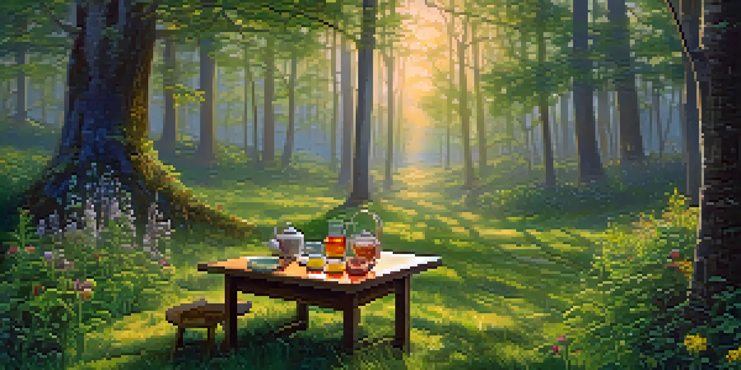 A peaceful forest scene at dawn with a wooden table filled with fruits and herbal tea, surrounded by tall trees and wildflowers.