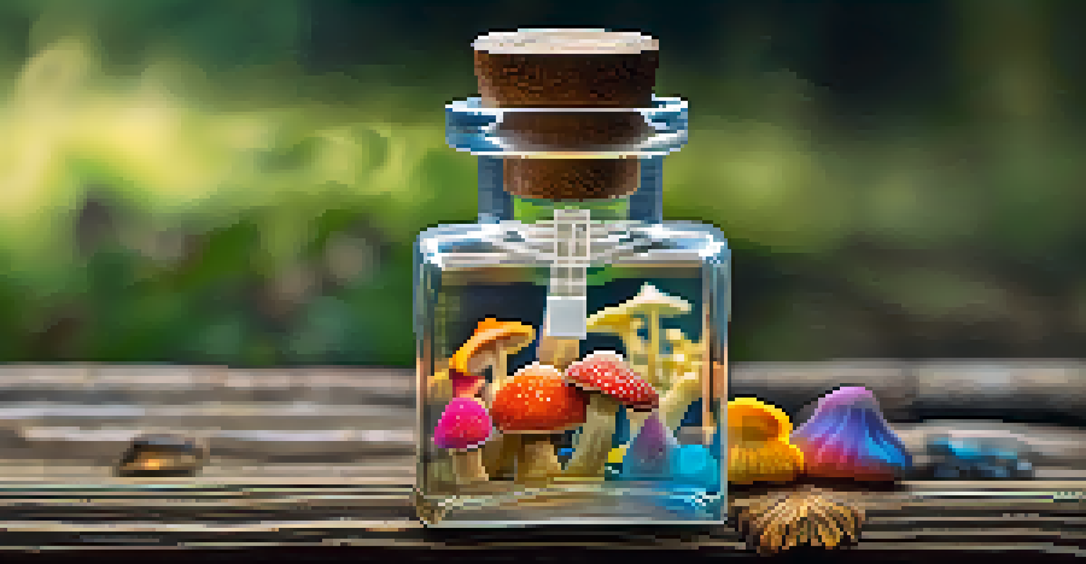 A glass vial with colorful psychedelic mushrooms on a wooden table.