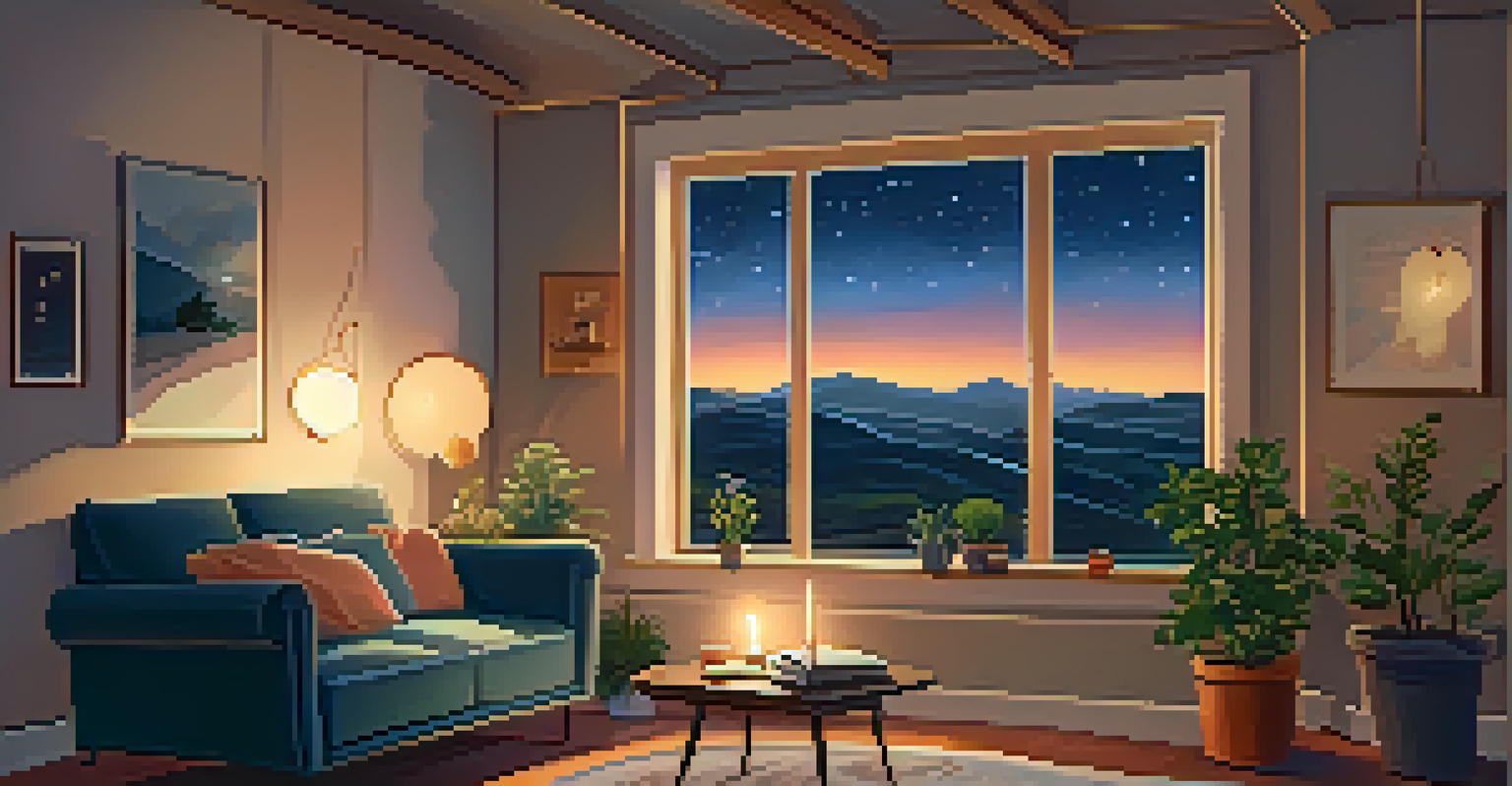 A cozy room with soft lighting and cushions, a view of a starry night sky, and items for introspection.