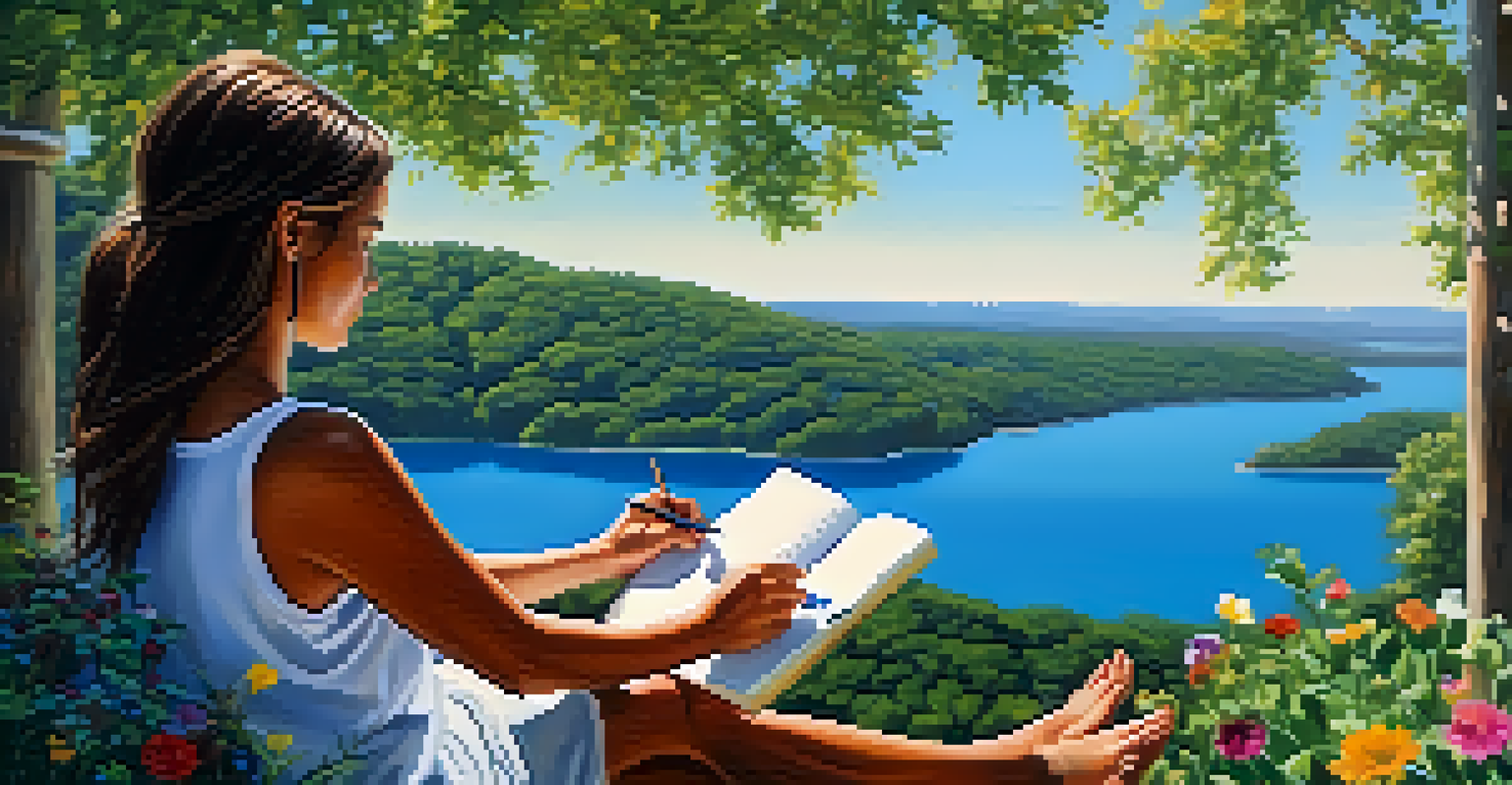 A person journaling outdoors in a vibrant nature setting, symbolizing reflection and personal growth.