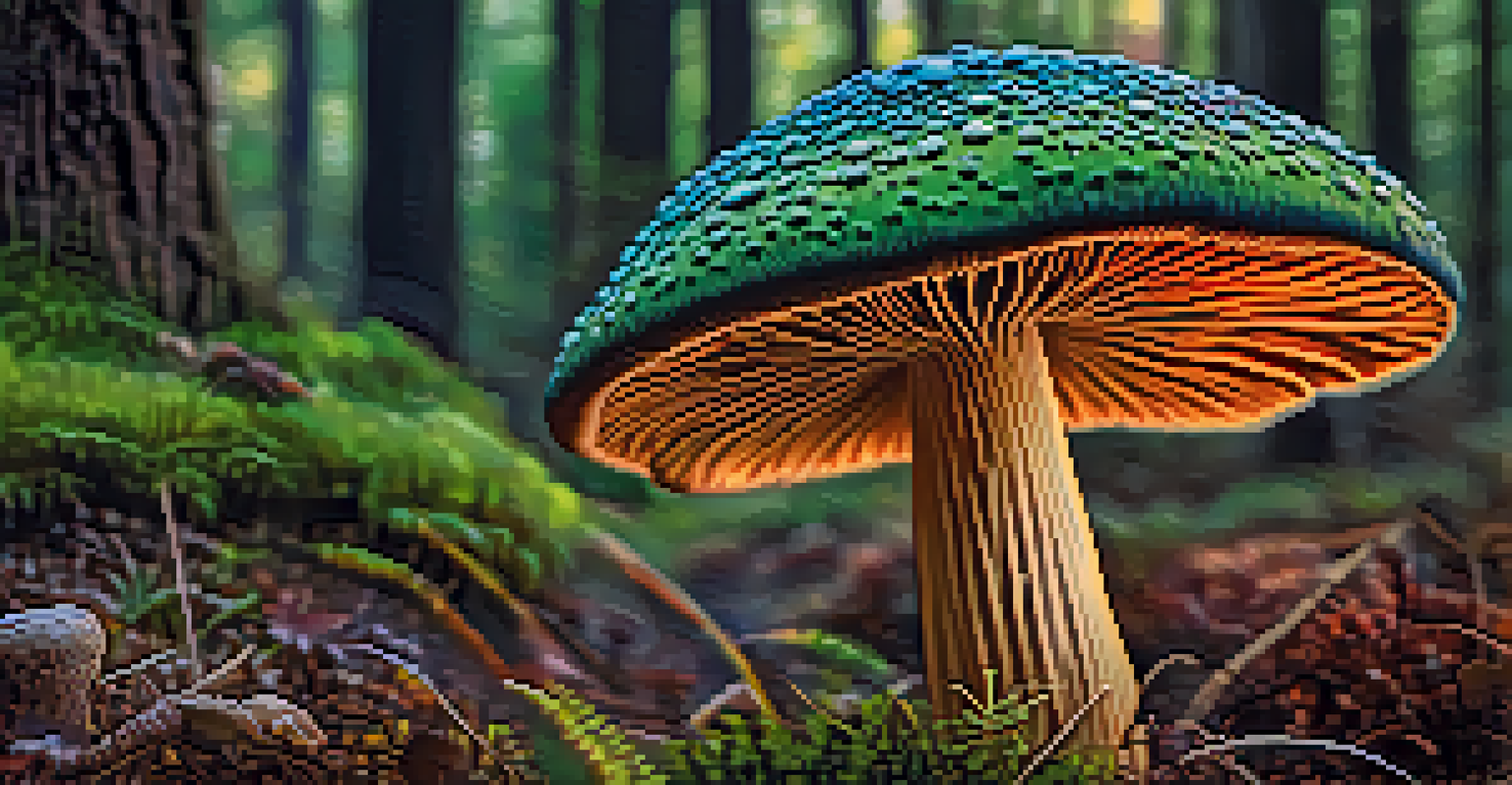 A close-up of a colorful psychedelic mushroom with intricate patterns, set against a blurred natural background.