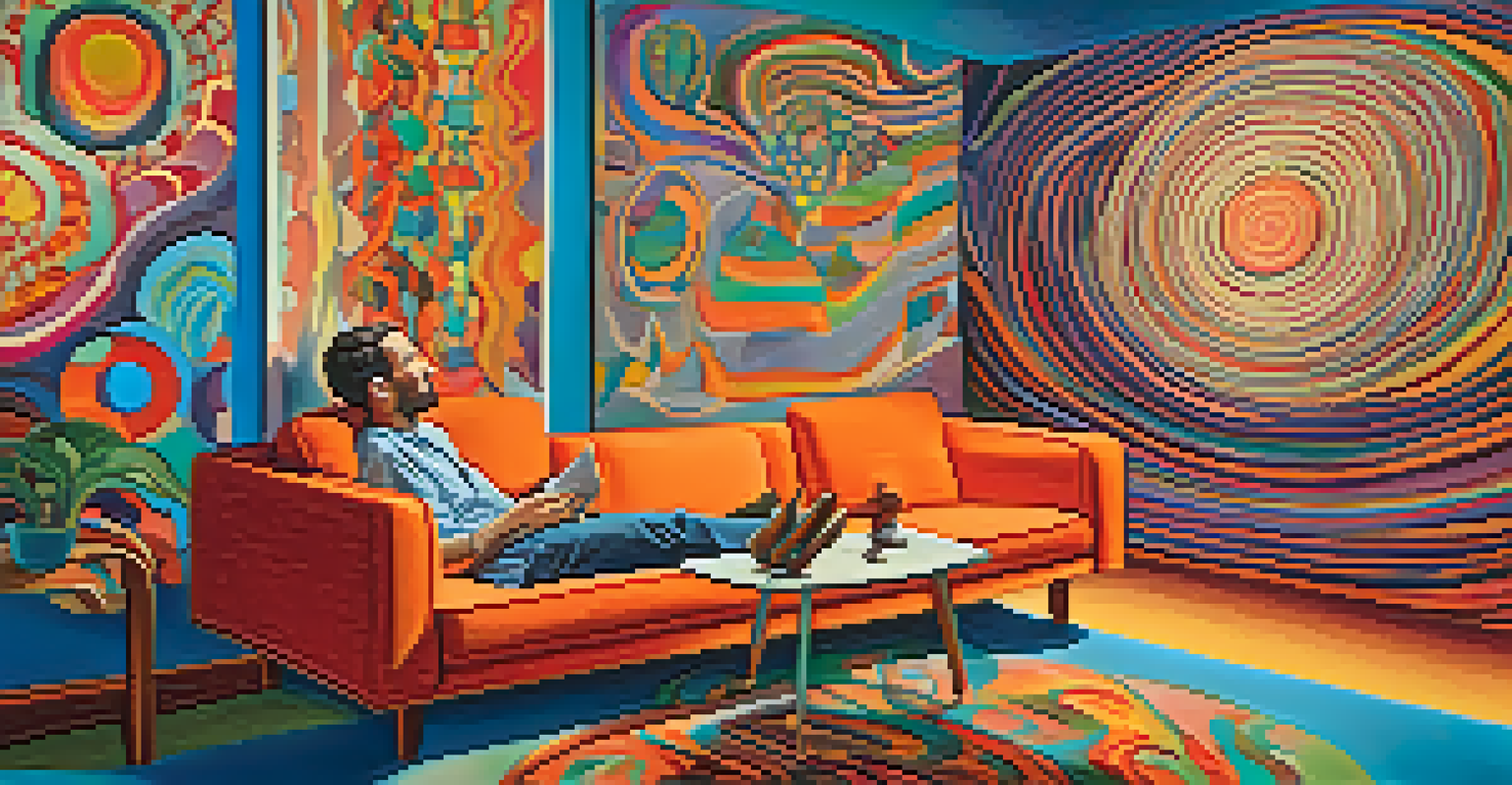 A psychedelic therapy session in a cozy room with a patient on a couch and a therapist nearby, surrounded by abstract art and colorful patterns.