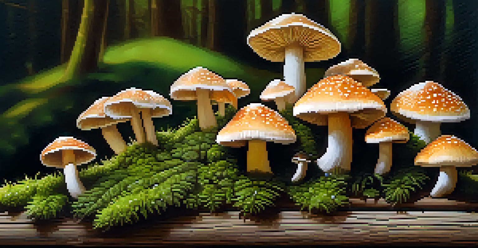 A close-up of psilocybin mushrooms on a wooden table, displaying their textures and colors, surrounded by moss and wildflowers.