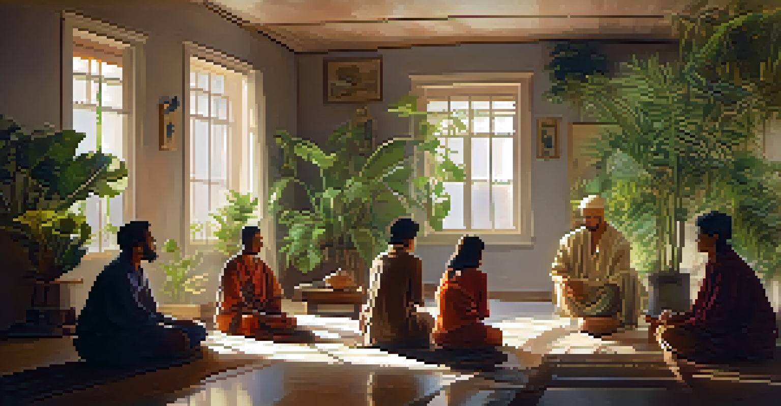 A group of people in a cozy room discussing their insights after a ritual, surrounded by plants and soft lighting.