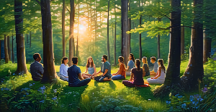 A diverse group of people meditating in a forest at dusk, surrounded by trees and wildflowers.