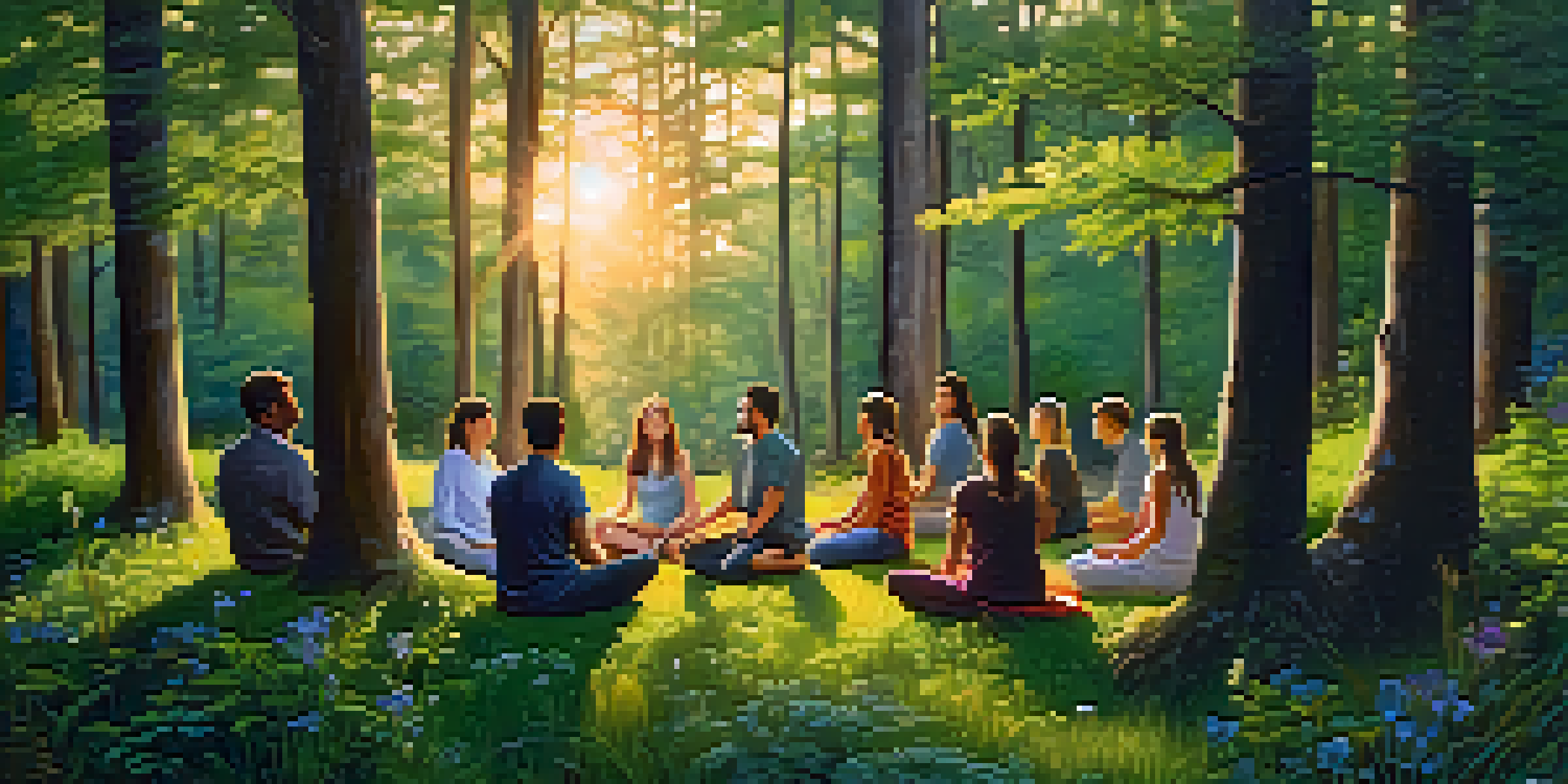 A diverse group of people meditating in a forest at dusk, surrounded by trees and wildflowers.
