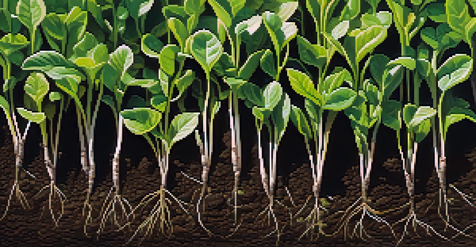 A close-up of entheogenic plant cuttings in soil, with sunlight highlighting their green leaves and roots.