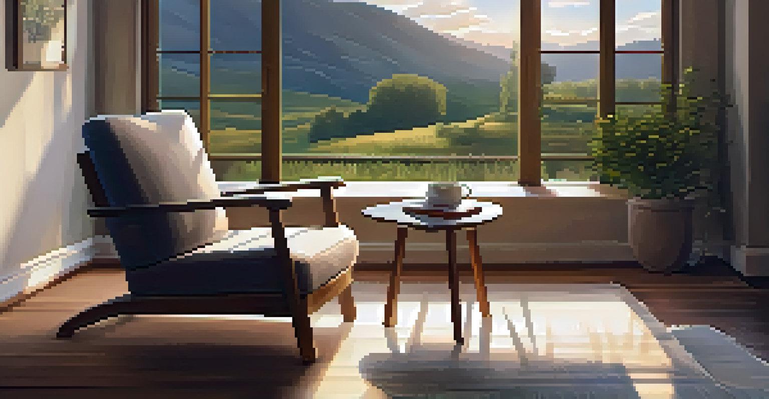A cozy room setup for mindfulness, with an armchair, a journal, and a cup of tea by the window.