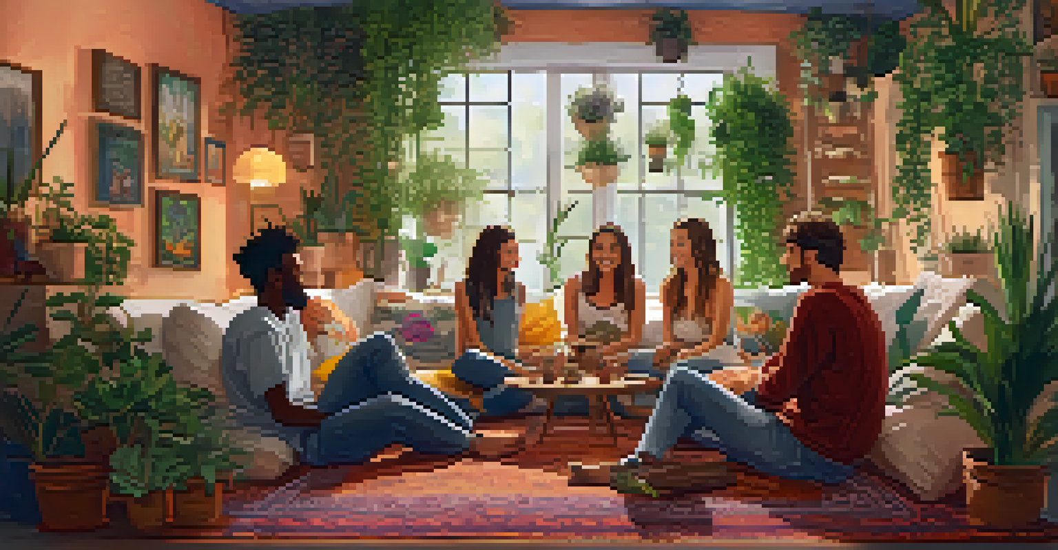A warm indoor circle of friends sharing stories and laughter in a cozy setting filled with plants and colorful decor.