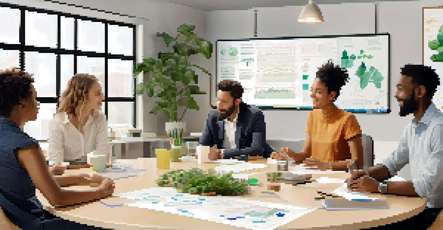 A diverse group of people discussing product features around a table in a well-lit room.