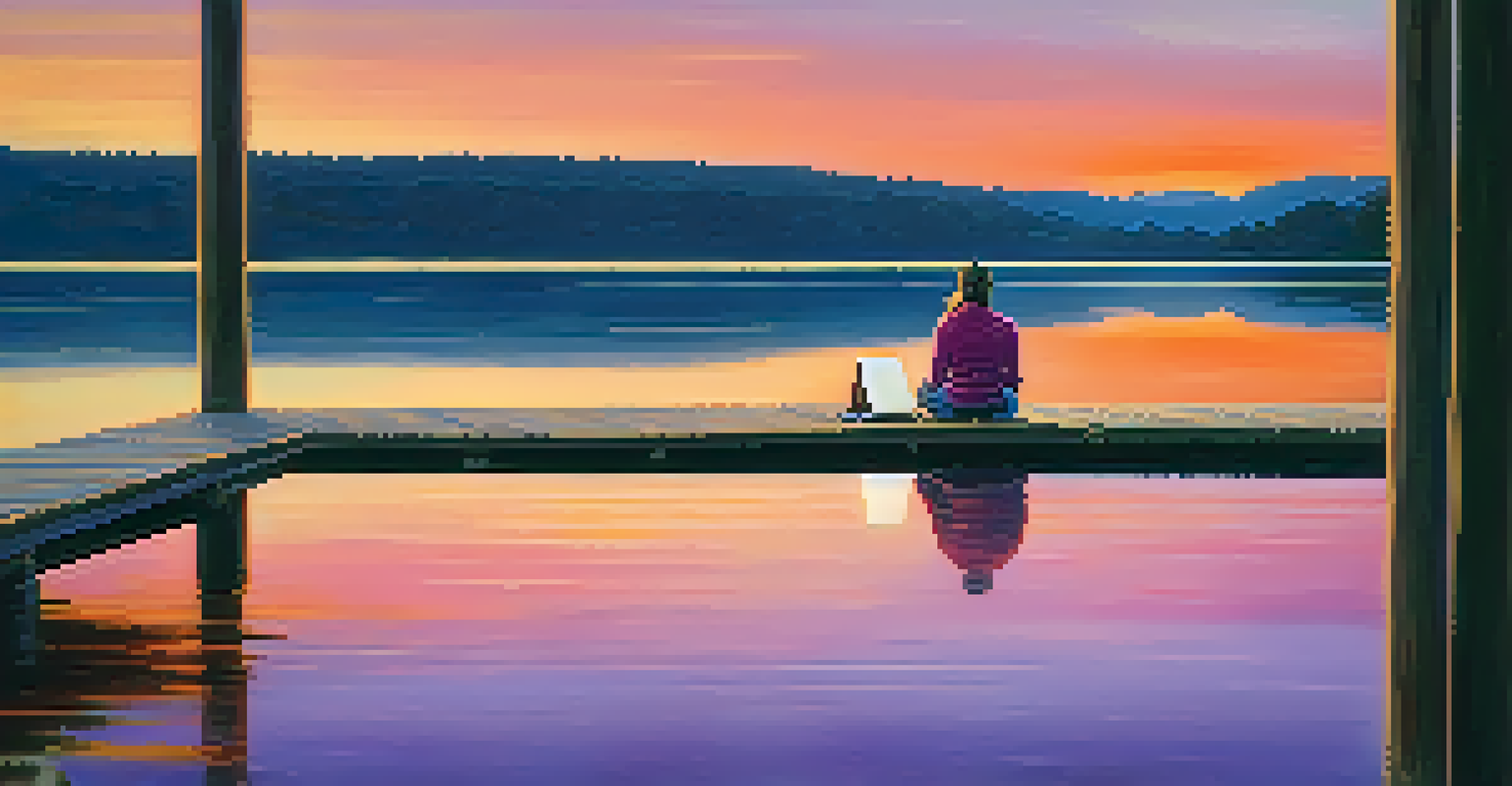 A sunset lakeside view with a person sitting on a dock, journaling and reflecting.