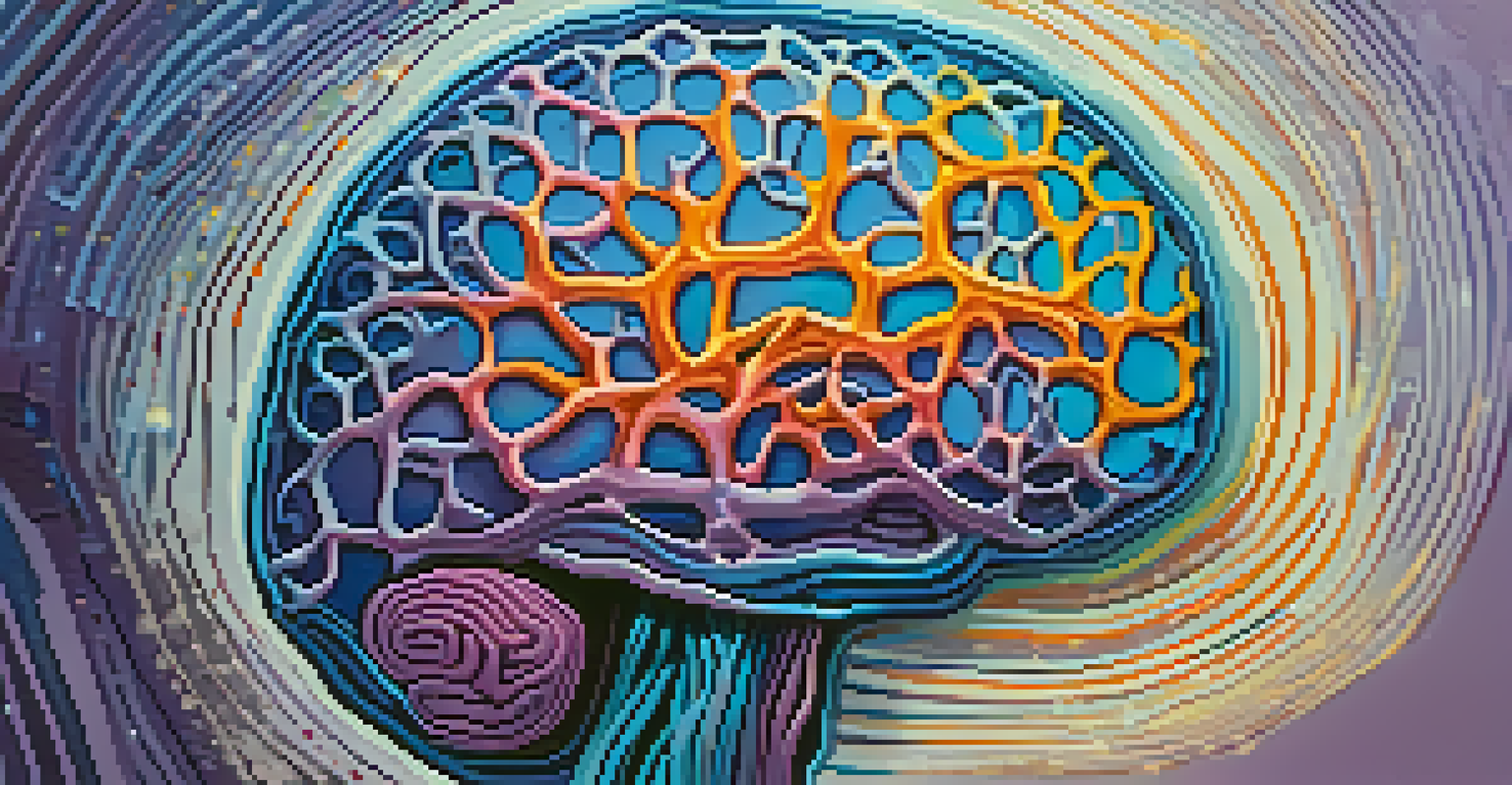 Abstract illustration of a brain with colorful neural pathways against a gradient background.