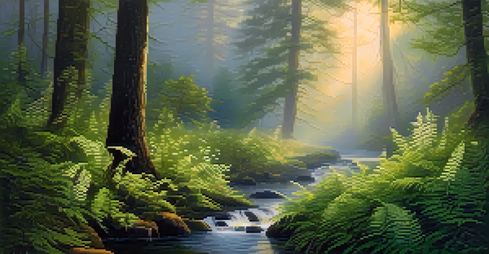 A peaceful forest at dawn with golden light, green ferns, and a gently flowing stream.