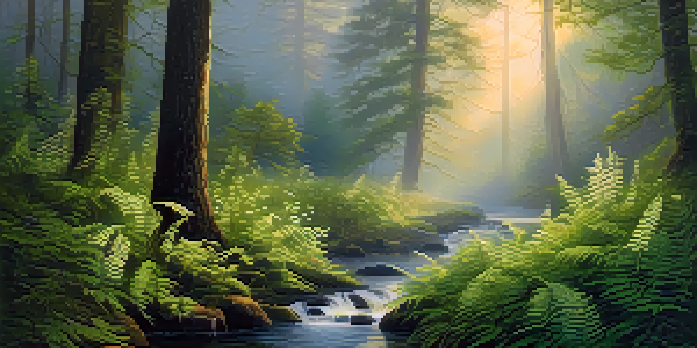 A peaceful forest at dawn with golden light, green ferns, and a gently flowing stream.