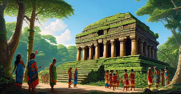 An ancient Mesoamerican temple in a jungle, with indigenous people in traditional clothing participating in a ceremony.