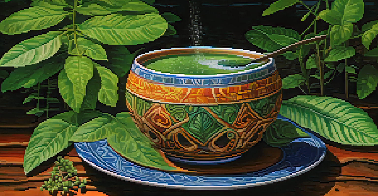 A close-up of ayahuasca brew in a ceramic cup surrounded by green leaves, with steam rising, showcasing its earthy texture.