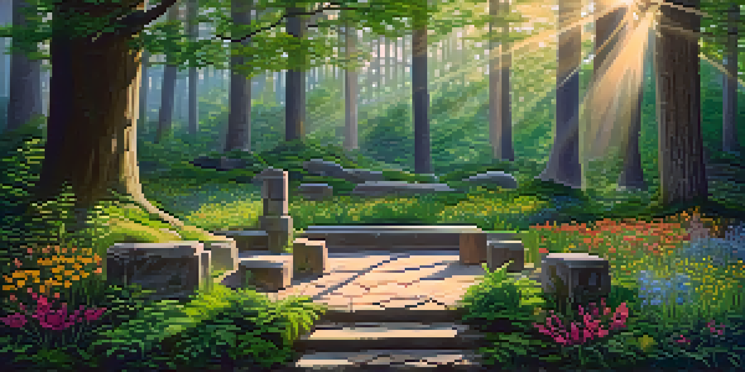 A peaceful forest at dawn with sunlight filtering through the trees and a small wooden altar in the foreground.
