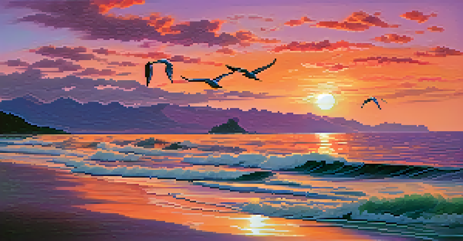 A beautiful sunset over the ocean with colorful skies and gentle waves on the shore.
