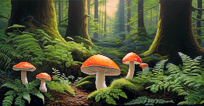 A peaceful forest with colorful mushrooms growing from the ground, surrounded by green ferns and moss, under soft sunlight.