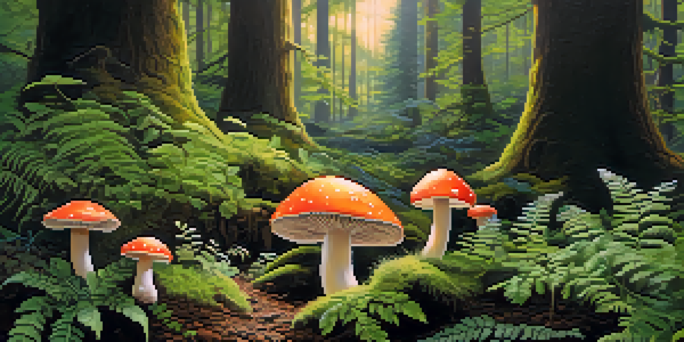 A peaceful forest with colorful mushrooms growing from the ground, surrounded by green ferns and moss, under soft sunlight.