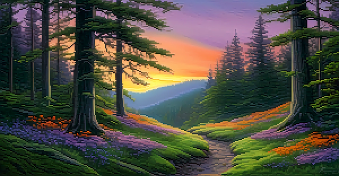 A tranquil forest at twilight with colorful skies and soft light filtering through the trees.
