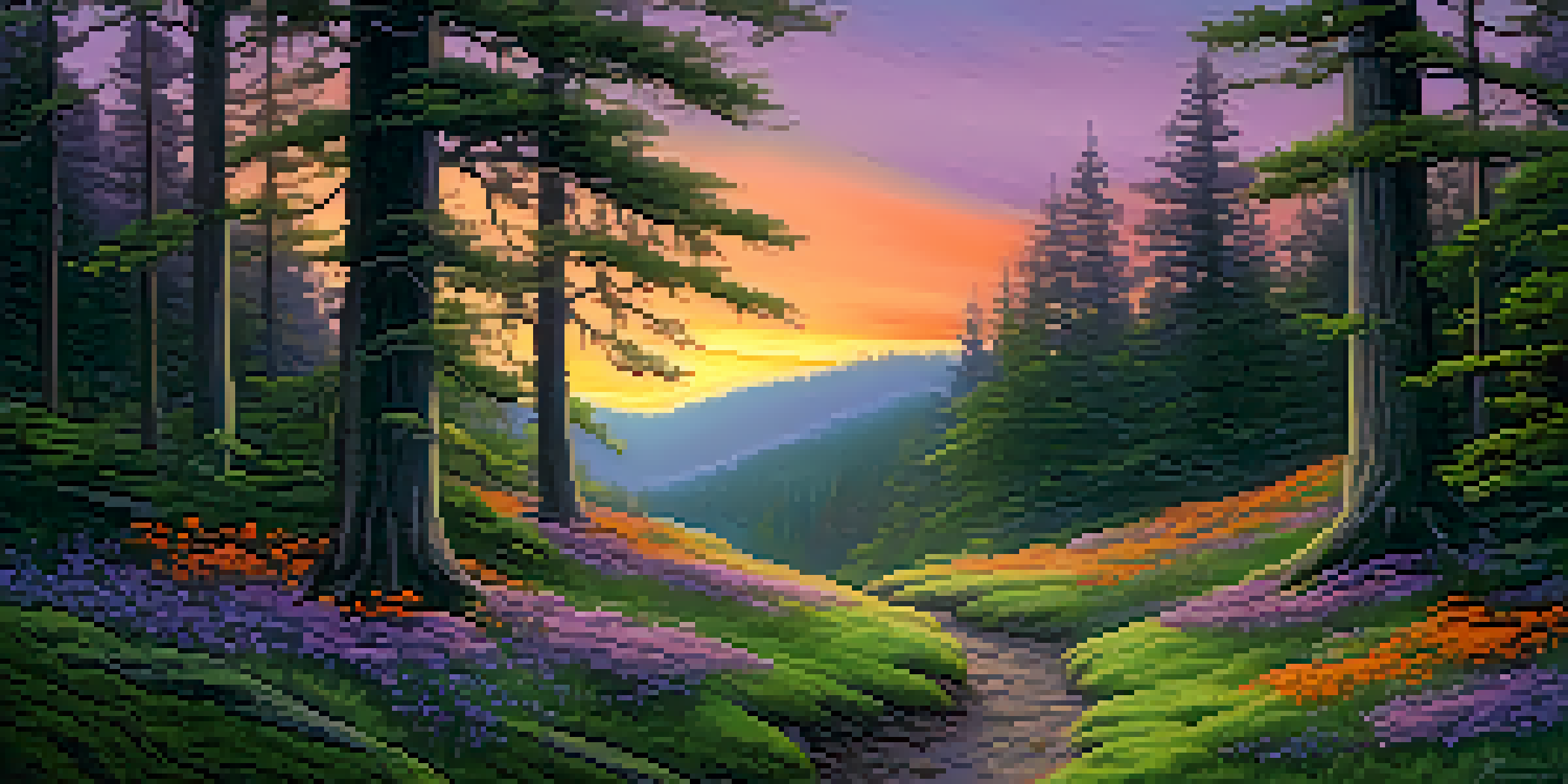 A tranquil forest at twilight with colorful skies and soft light filtering through the trees.