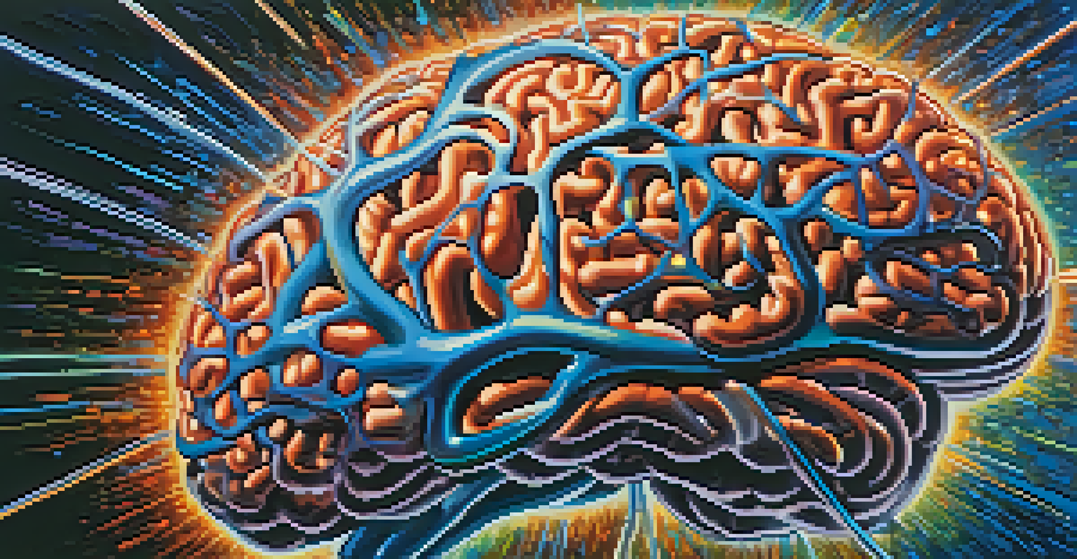An abstract colorful representation of the brain with neural connections against a deep blue background.