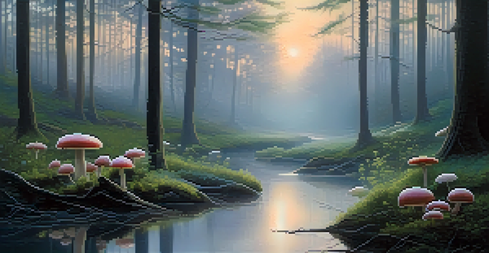 A tranquil forest scene at dusk with glowing mushrooms and a gentle stream, evoking a dreamlike atmosphere.
