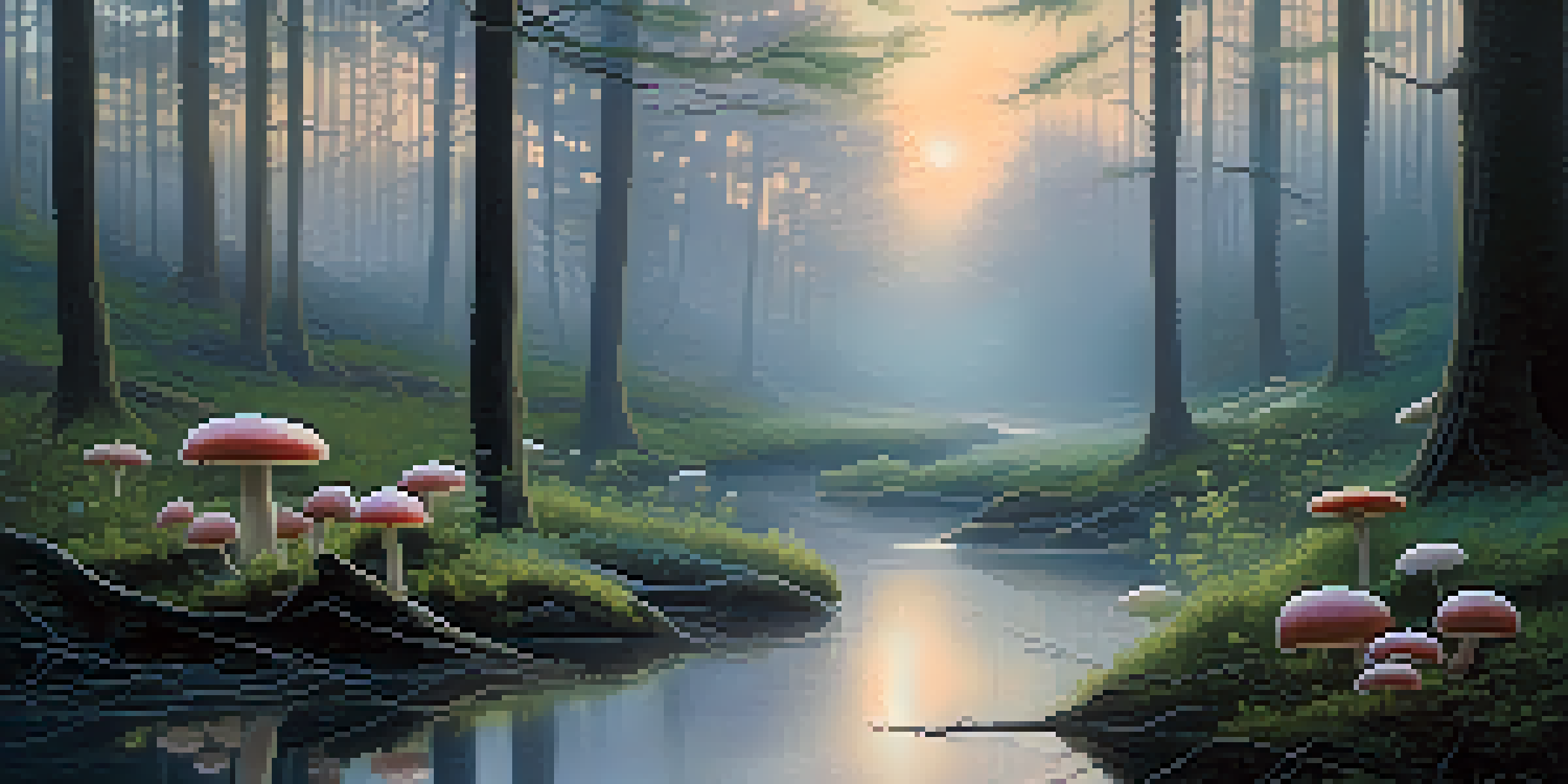 A tranquil forest scene at dusk with glowing mushrooms and a gentle stream, evoking a dreamlike atmosphere.