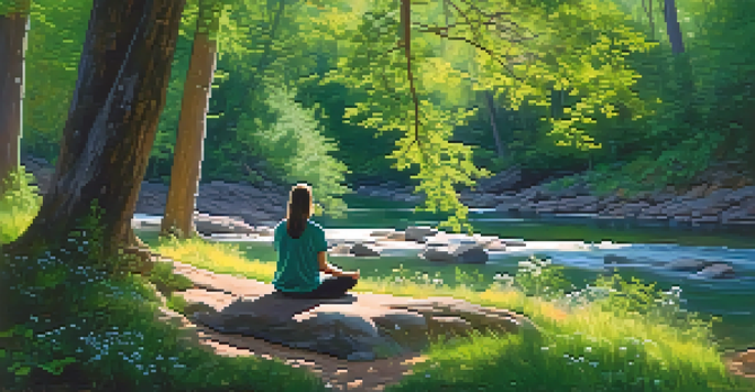 A peaceful forest scene with a person meditating by a river, surrounded by greenery and wildflowers.