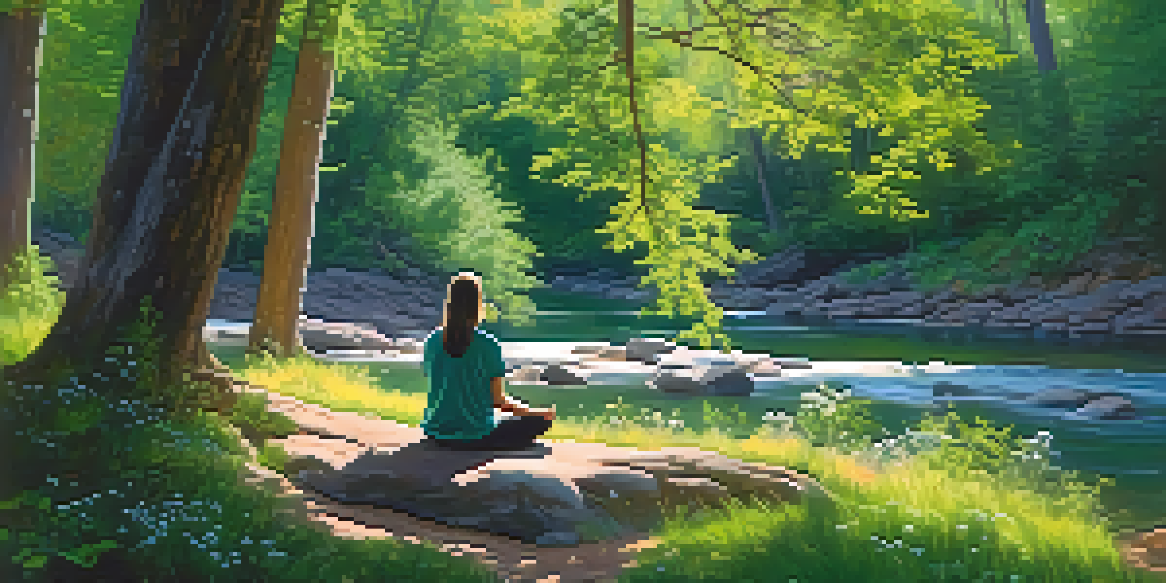 A peaceful forest scene with a person meditating by a river, surrounded by greenery and wildflowers.