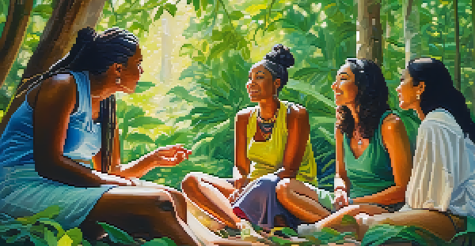 A diverse group of women in a forest, engaged in conversation with sunlight filtering through the trees.