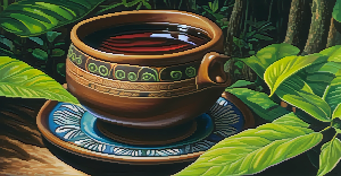 A close-up of Ayahuasca brew in a ceramic cup surrounded by jungle foliage.
