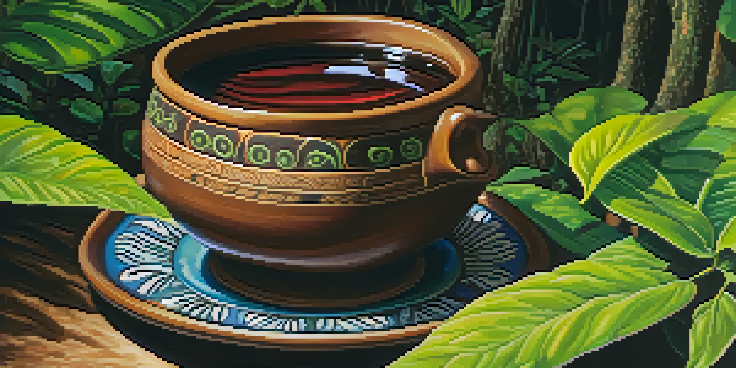 A close-up of Ayahuasca brew in a ceramic cup surrounded by jungle foliage.